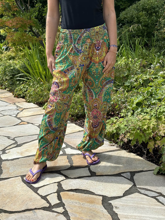 Green Boho Paisley Harem Pants