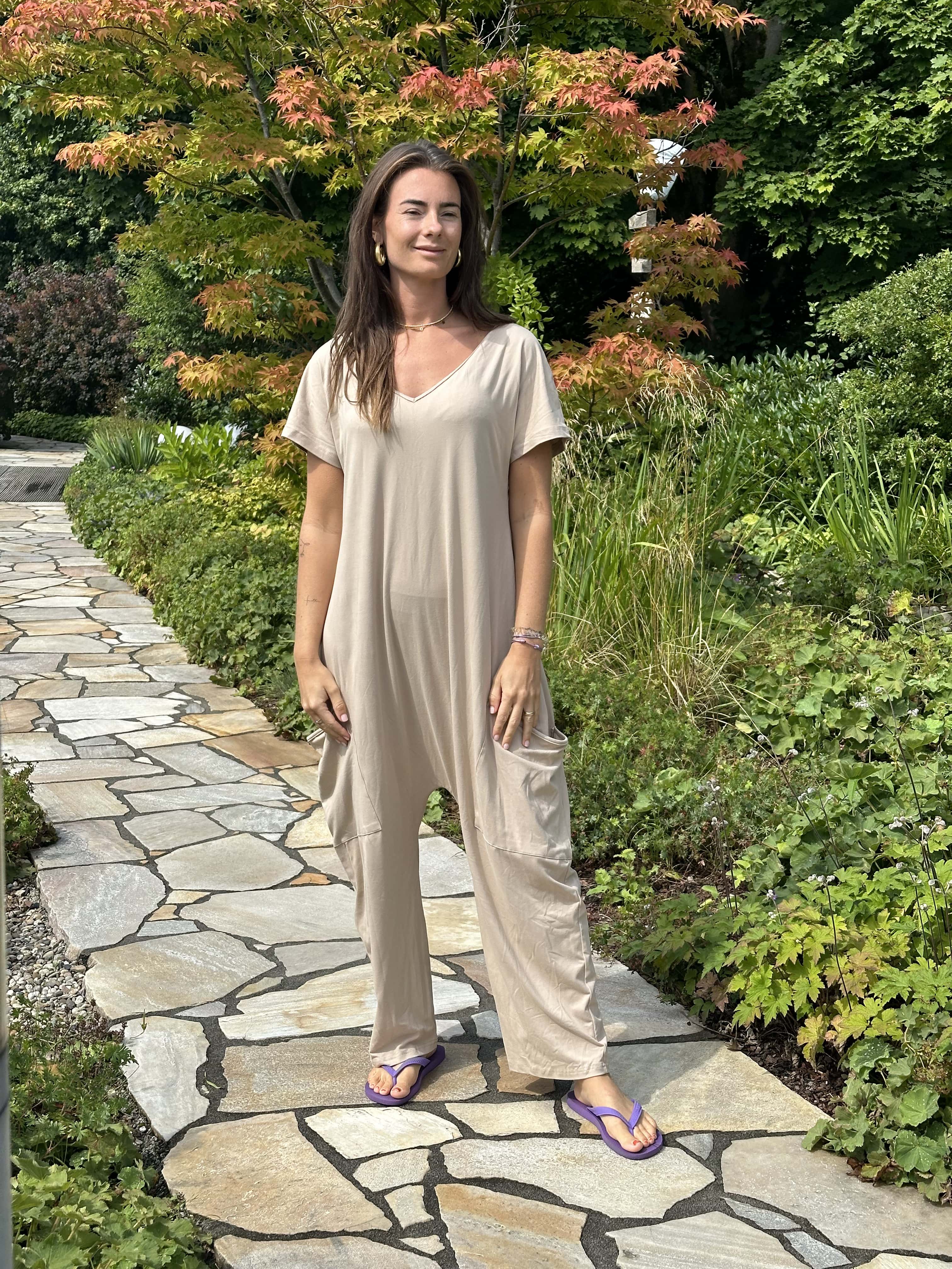 Beige Relaxed Jumpsuit with Side Pockets