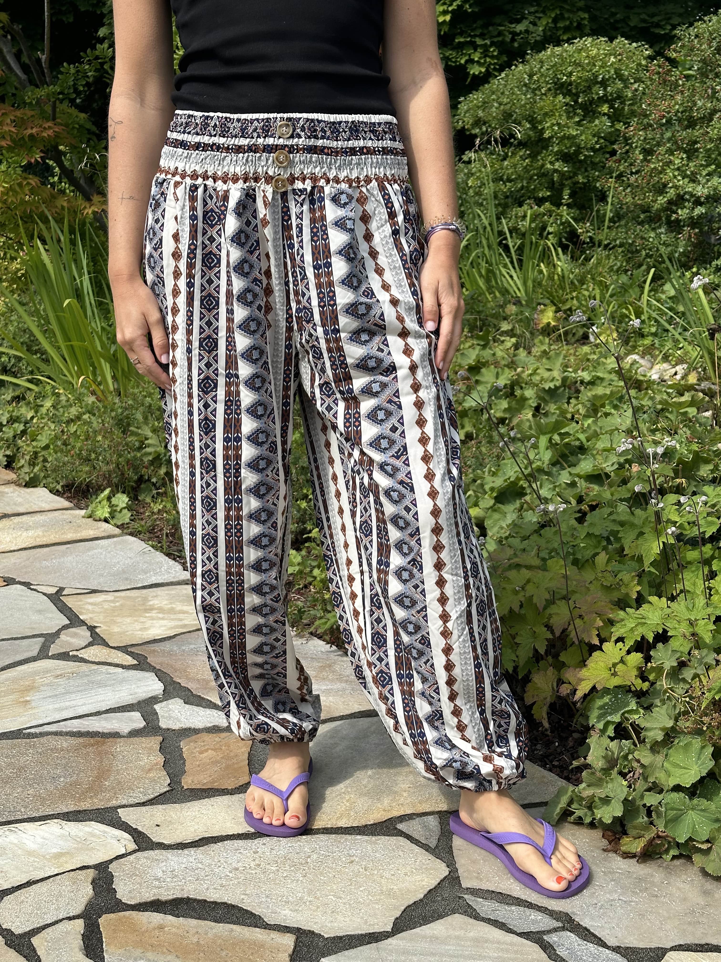 Boho Stripe Pants with Wooden Buttons