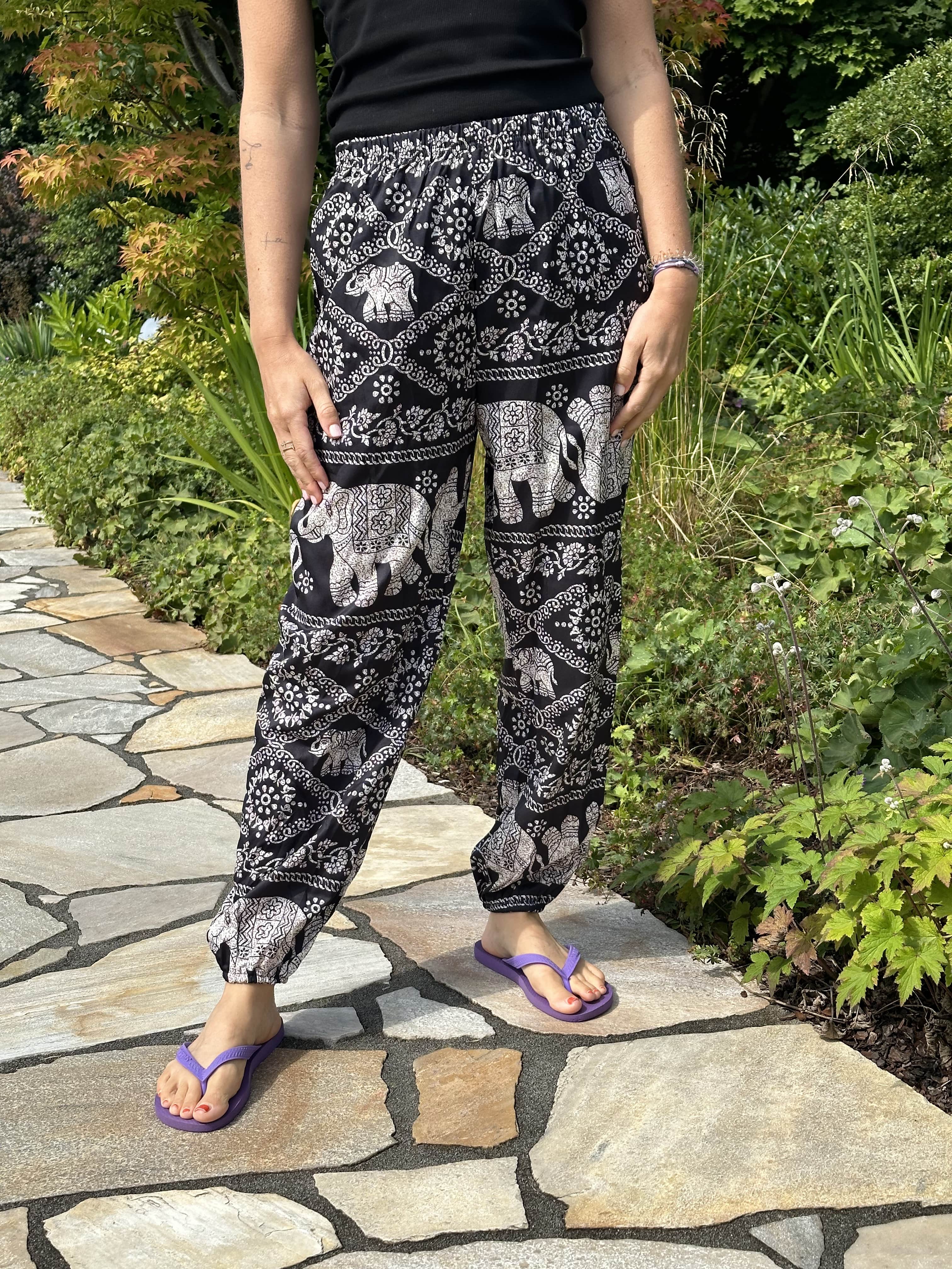 Black Elephant Print Boho Pants